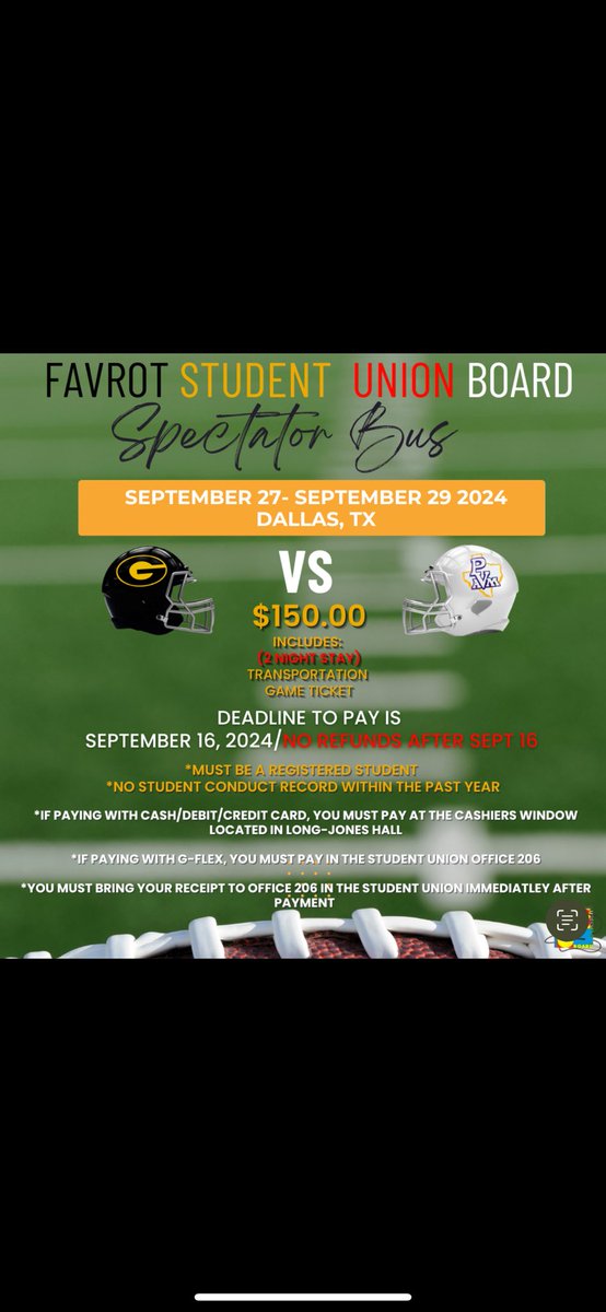 GRAMFAM🐯Are you ready for one of the biggest games of the season🏈? Here is your chance to purchase your ticket for Grambling vs PV in Dallas Texas! Remember after purchasing bring your receipt to room 206 located in the student union