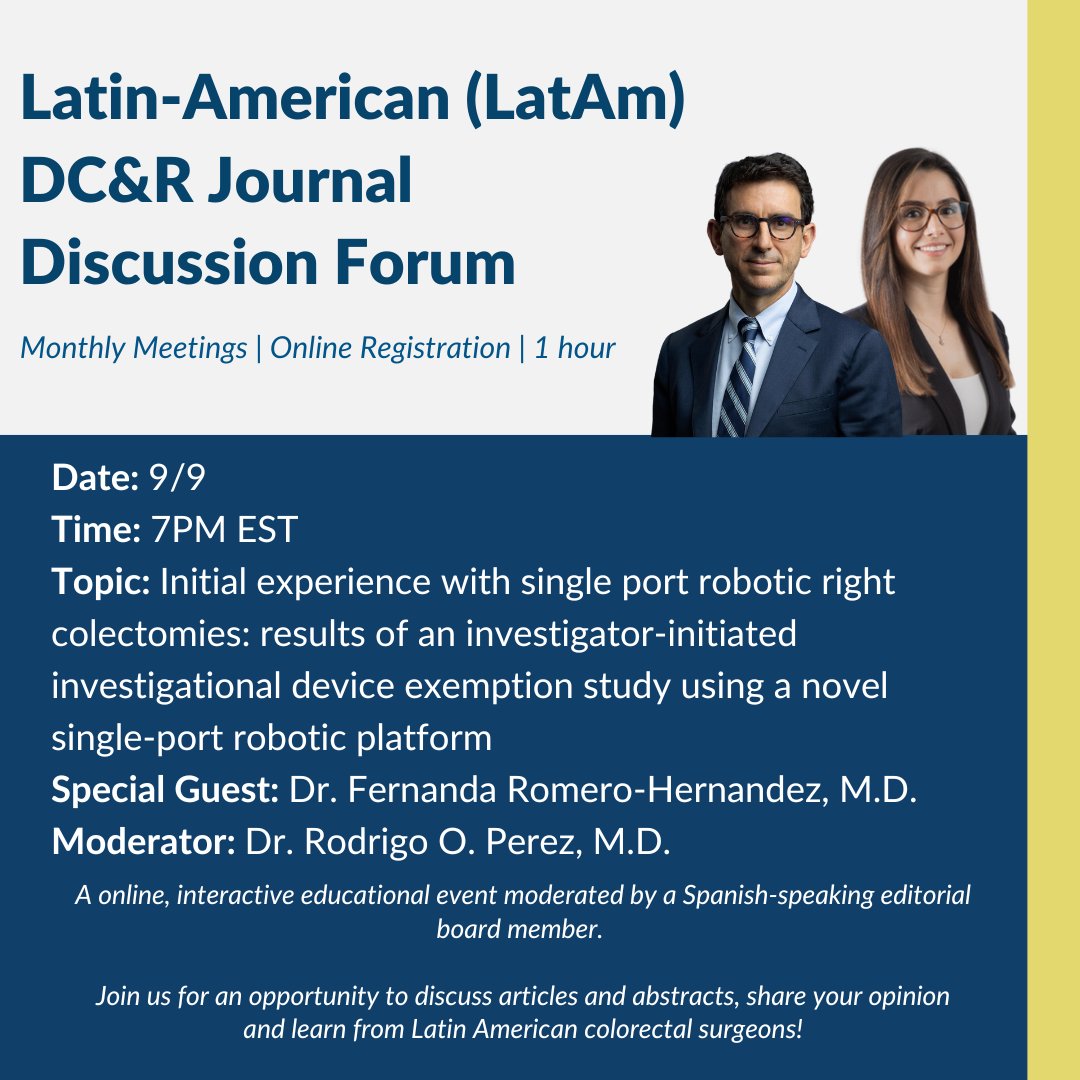 DCRjournal (@dcrjournal) on Twitter photo Únase a nosotros el 9/9 para el próximo Foro de Discusión #DCRJournal LatAm para discutir la experiencia inicial con colectomías derechas robóticas de puerto único: bit.ly/3zLlSGw
@leo708 <a href="/R_Perez_MD/">Rodrigo O Perez</a> <a href="/gopech/">Guillermo Perez Ch</a> <a href="/DrGarciaAguilar/">Julio Garcia Aguilar</a> <a href="/juliomayol/">Julio Mayol</a> <a href="/AntoniodeLacy/">Antonio de Lacy</a> Únase a nosotros el 9/9 para el próximo Foro de Discusión #DCRJournal LatAm para discutir la experiencia inicial con colectomías derechas robóticas de puerto único: bit.ly/3zLlSGw
@leo708 <a href="/R_Perez_MD/">Rodrigo O Perez</a> <a href="/gopech/">Guillermo Perez Ch</a> <a href="/DrGarciaAguilar/">Julio Garcia Aguilar</a> <a href="/juliomayol/">Julio Mayol</a> <a href="/AntoniodeLacy/">Antonio de Lacy</a>