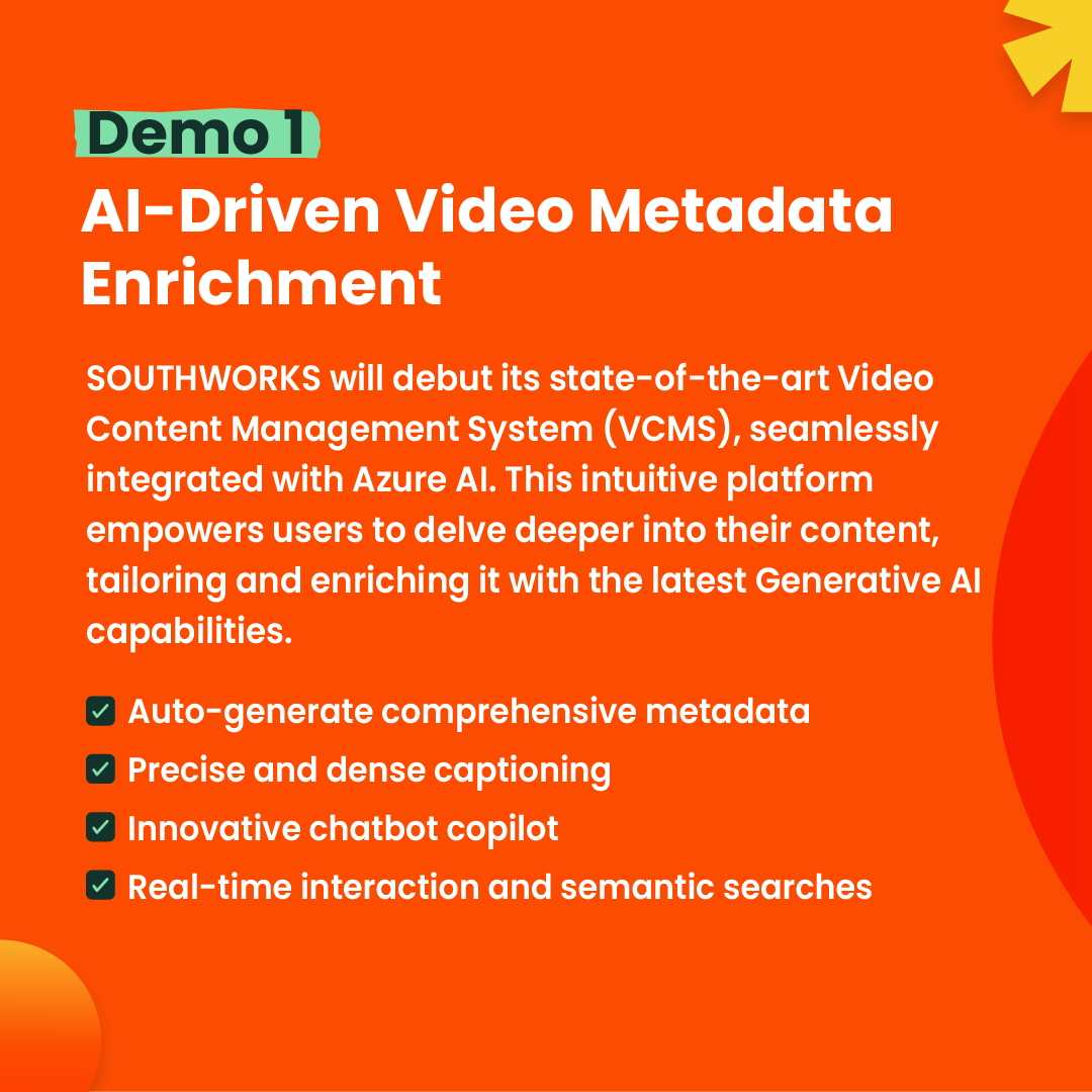 southworks's tweet image. 3/5  🤖📹 IBC Demo 1: AI-Driven Video #Metadata Enrichment - #SOUTHWORKS state-of-the-art #VCMS #AzureAI #content #genai #chatbot #copilot #semanticsearch