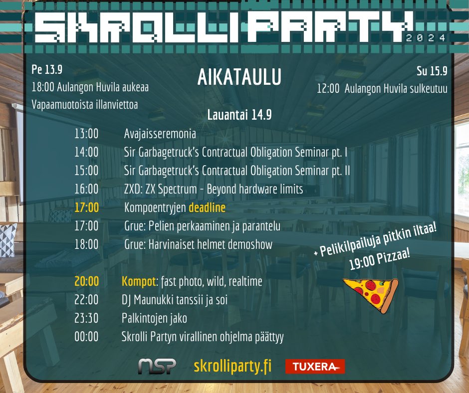 Skrolli Party valtaa Aulangon Huvilan jo ensi viikolla! Partyjen ohjelma painottuu lauantaille ja kompojen lisäksi luvassa on demoshow-muisteloita, musiikkia ja rentoa pelailua. Ja tietysti pizzaa🍕Ilmoittaudu mukaan skrolliparty.fi! 
#skrolli #skrolliparty #demoscene