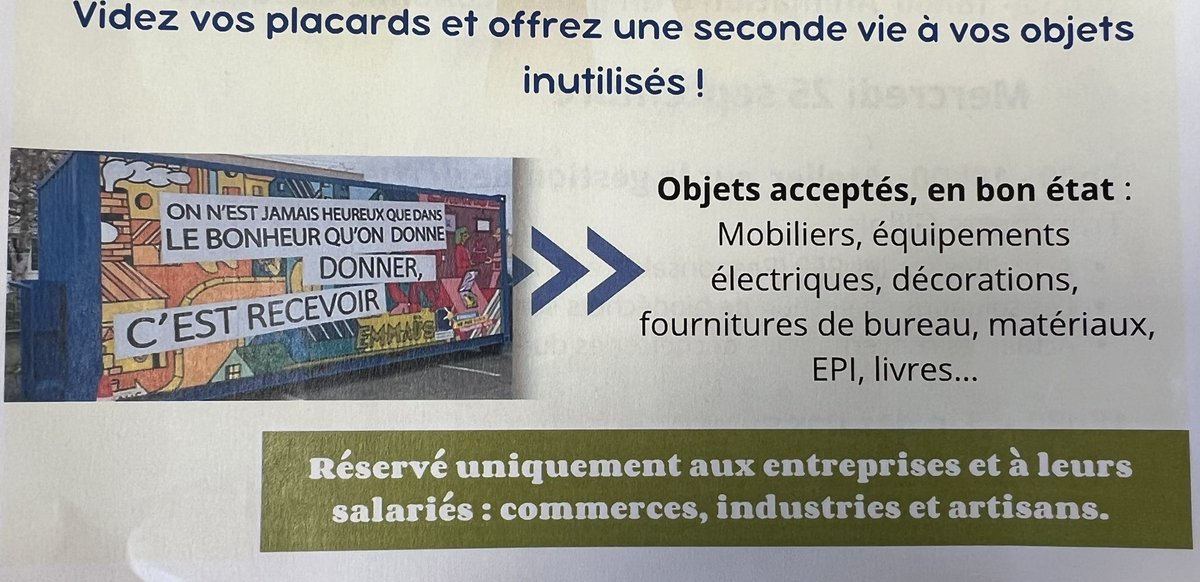Christophe LANGOUET (@clangouet2017) on Twitter photo Le <a href="/PaysCraon/">Pays de Craon</a> organise le premier Grand Vide-bureau des Entreprises (privées & publiques)
📅 24 & 25 septembre
De 8h30 à 18h30
📍 Site Transports Gillois🙏
Route de Chatelais ZA Eiffel à # Craon
Un grand 🙏 aux partenaires
<a href="/CCIMayenne/">CCIMayenne</a> <a href="/EmmausLaval53/">Emmaus 53</a> <a href="/ademe/">ADEME</a> <a href="/Prefet53/">Préfète de la Mayenne</a> <a href="/lamayenne/">La Mayenne, le Département</a> Le <a href="/PaysCraon/">Pays de Craon</a> organise le premier Grand Vide-bureau des Entreprises (privées & publiques)
📅 24 & 25 septembre
De 8h30 à 18h30
📍 Site Transports Gillois🙏
Route de Chatelais ZA Eiffel à # Craon
Un grand 🙏 aux partenaires
<a href="/CCIMayenne/">CCIMayenne</a> <a href="/EmmausLaval53/">Emmaus 53</a> <a href="/ademe/">ADEME</a> <a href="/Prefet53/">Préfète de la Mayenne</a> <a href="/lamayenne/">La Mayenne, le Département</a>