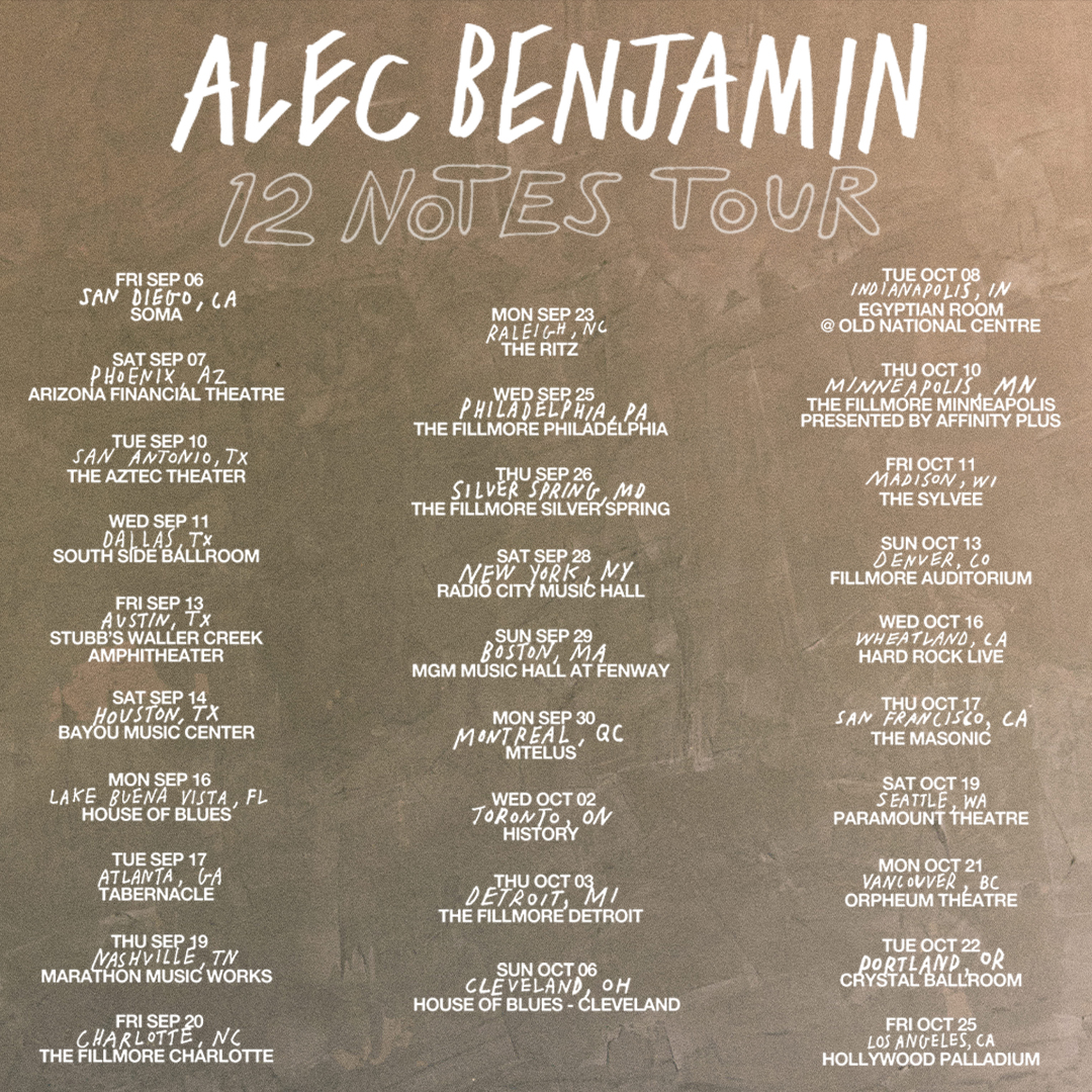 Alec Benjamin's 12 Notes Tour starts this Friday in San Diego! With several shows already sold out, make sure to get your tickets at alecbenjamin.com soon.