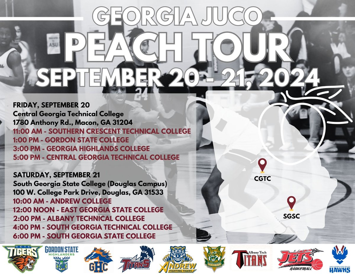 Georgia JUCO Peach Tour 24
Four year coaches reserve that school vehicle, rental car, personal vehicle but get ready for this. A little different location format to make it easier on you guys.
2 days/2 locations. 👇