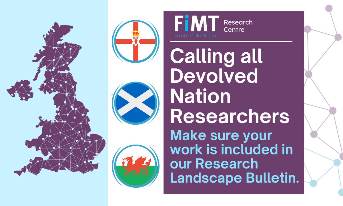 The Forces in Mind Trust Research Centre (@fimt_rc) on Twitter photo Are you connected with the #ArmedForces research community? Help us to be representative of the Devolved Nation researchers and ensure Armed Forces Community research happening across is represented on our pages & in the next Bulletin. Email team@fimt-rc.org to add your research. Are you connected with the #ArmedForces research community? Help us to be representative of the Devolved Nation researchers and ensure Armed Forces Community research happening across is represented on our pages & in the next Bulletin. Email team@fimt-rc.org to add your research.