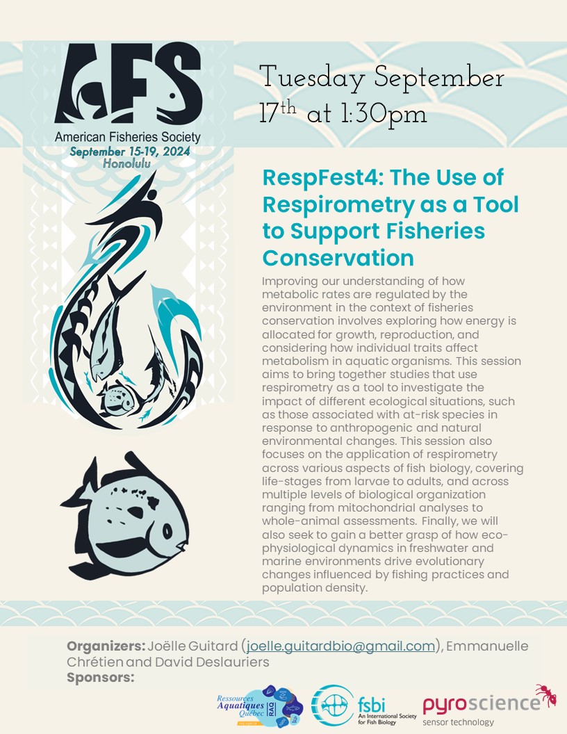 Joëlle Guitard (@guit_joe) on Twitter photo 2 weeks until our special session on respirometry at the <a href="/AmFisheriesSoc/">American Fisheries Society</a> annual meeting in Honolulu !
We have a very special session to present to you and hope you come in number !
We would like to <a href="/TheFSBI/">fsbi</a> @Pyro_Science and <a href="/raq_actu/">RAQ - Actualité</a> for the support and funding. 2 weeks until our special session on respirometry at the <a href="/AmFisheriesSoc/">American Fisheries Society</a> annual meeting in Honolulu !
We have a very special session to present to you and hope you come in number !
We would like to <a href="/TheFSBI/">fsbi</a> @Pyro_Science and <a href="/raq_actu/">RAQ - Actualité</a> for the support and funding.