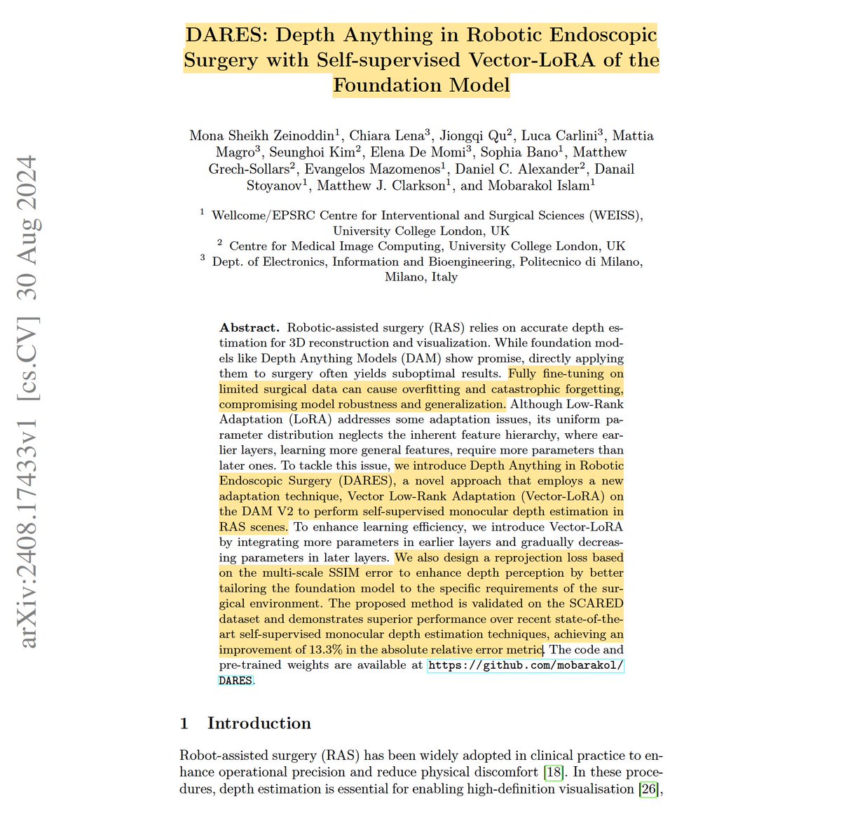 🚨 Medical AI Research alert! 🚨

Can foundation models revolutionize depth estimation in robotic surgery?

DARES: Depth Anything in Robotic Endoscopic Surgery with Self-supervised Vector-LoRA of the Foundation Model by researchers from <a href="/ucl/">UCL</a> 

Authors (Mona Sheikh Zeinoddin, ...,