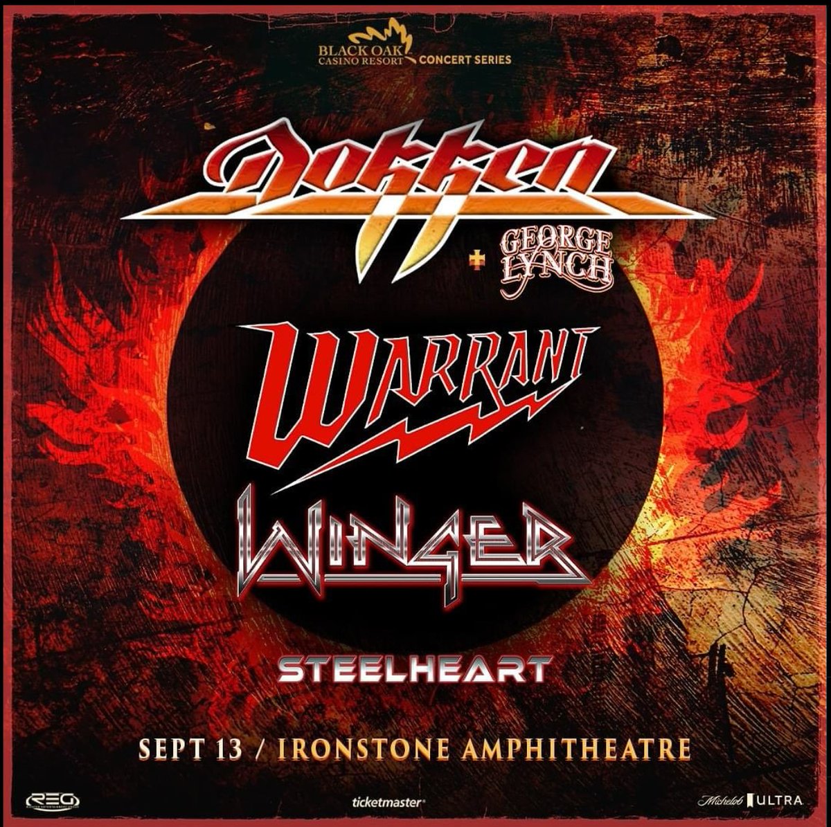 Dokken with George Lynch, WARRANT, Winger, and Steelheart. September 13th.
Ironstone Amphitheatre Murphys, CA