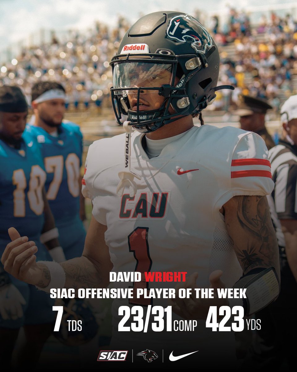 𝐂𝐎𝐍𝐆𝐑𝐀𝐓𝐔𝐋𝐀𝐓𝐈𝐎𝐍𝐒 to reigning Offensive Player of the Year David Wright on earning @thesiac Offensive Player of the Week‼️

David threw for 423 yards, 7 touchdowns, and went 23/31 on completions in his Clark Atlanta debut!

#GoPanthers🐾 | #BeTheReason