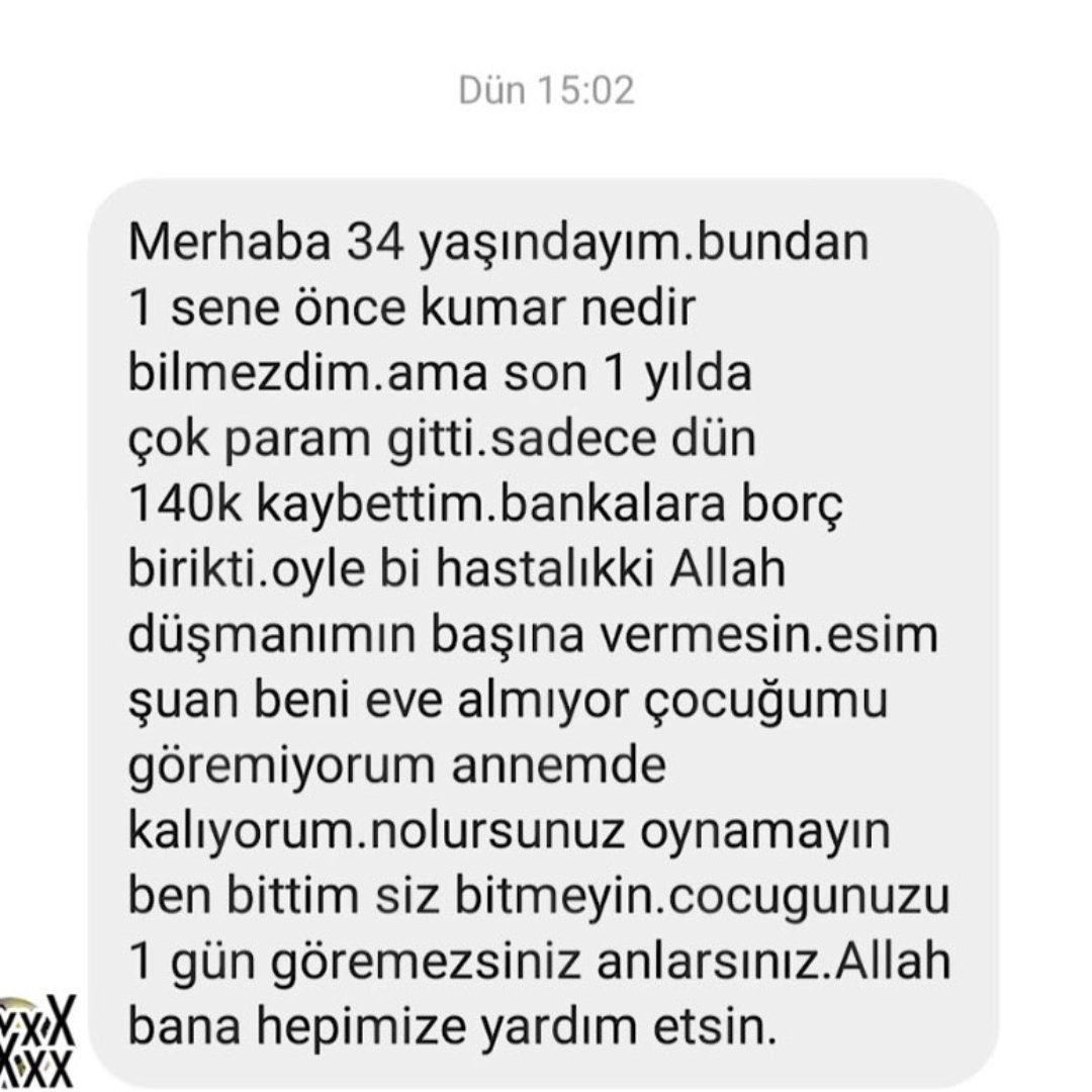 🚨Kumar bağımlılığı gittikçe büyüyor:

• Tefeciye gitmeyi düşünüyorum.
• Askeri personelim, 70 bin maaşım var, 2 milyon 300 bin borcum var.
• Eşime söylersem beni boşar.
• Eşim beni eve almıyor, çocuğumu göremiyorum.