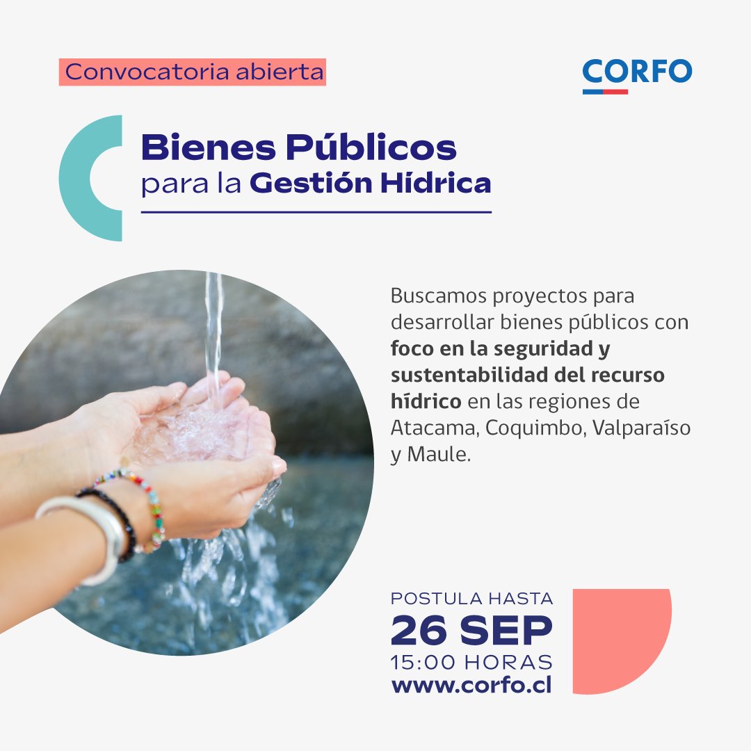 Abrimos la convocatoria de Bienes Públicos para el desarrollo de soluciones con foco en seguridad y sustentabilidad hídrica 💧

Más información y postulaciones ➡️ corfo.cl/sites/cpp/inf/…