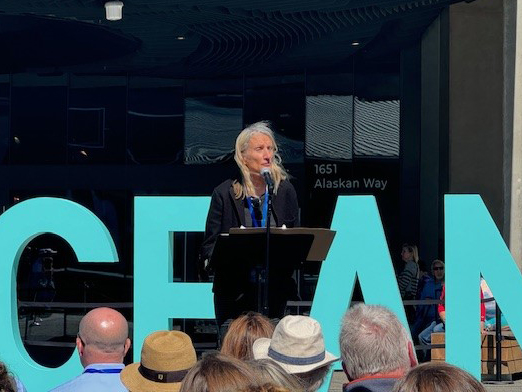 PSPDirector's tweet photo. It was wonderful to attend the grand opening of @SeattleAquarium's new Ocean Pavilion last week with Tara Galuska, the state’s orca recovery coordinator. We heard Martha Kongsgaard, former Puget Sound Partnership Leadership Council member, and @GovInslee speak at the event. https://t.co/eYTB5s6Hww