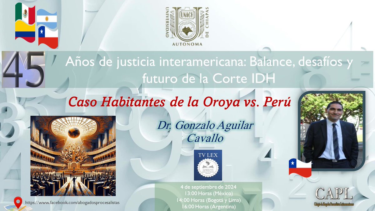 CecochUtalca's tweet photo. 📌 El miércoles 04 de septiembre a las 13:00 horas (México) se llevará a cabo el Congreso "45 años de justicia interamericana: Balance, desafíos y futuro de la Corte IDH", en el que participará el profesor Gonzalo Aguilar, junto a destacados profesores. https://t.co/kn4Mx9S9ve