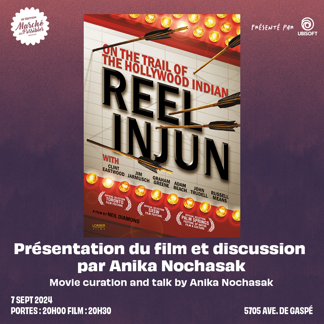 September 7th 8pm
POP Montreal et Anika Nochasak present: Reel Injun screening

Join us for a screening of Reel Injun (2009) which takes an entertaining and insightful look at the portrayal of Indigenous people throughout a century of Cinema followed by a talk from Anika Nochasak