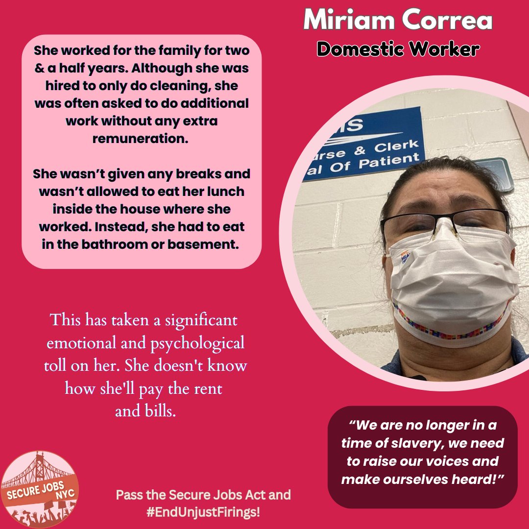 💥Labor Month💥

It’s time to #EndUnjustFirings! This week, hear from workers like Miriam who’ve been unjustly fired. 

Join <a href="/SecureJobsNYC/">Secure Jobs NYC #EndUnjustFirings</a> for Advocacy Day for Intro 0909: the Secure Jobs Act! Let’s make our message clear to <a href="/NYCCouncil/">New York City Council</a>!

📆 Sept 26
⏰ 9AM
📍City Hall Park