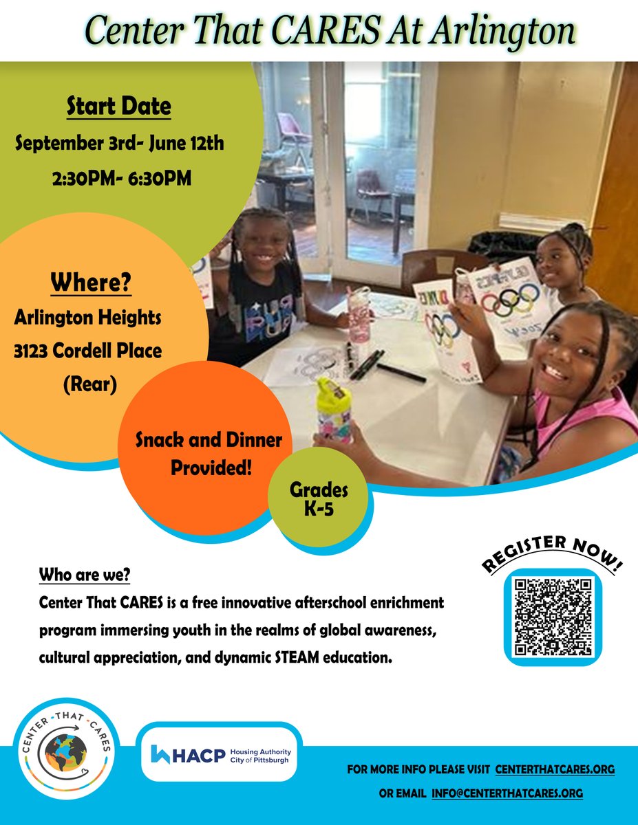 HACP1's tweet photo. Starting today: Arlington Heights and Allegheny Dwellings residents can sign their children in grades K-5 up for a fun after-school program presented by the Center That CARES!

Center That CARES staff will be on hand at both HACP communities daily from 2:30 to 6:30 p.m. to provide HACP youth with an enrichment program that immerses them in the realms of global awareness, cultural appreciation, and dynamic STEAM education.

For more information, scan the QR code below, visit: https://t.co/jQh08kCzO2, or email: info@centerthatcares.org.