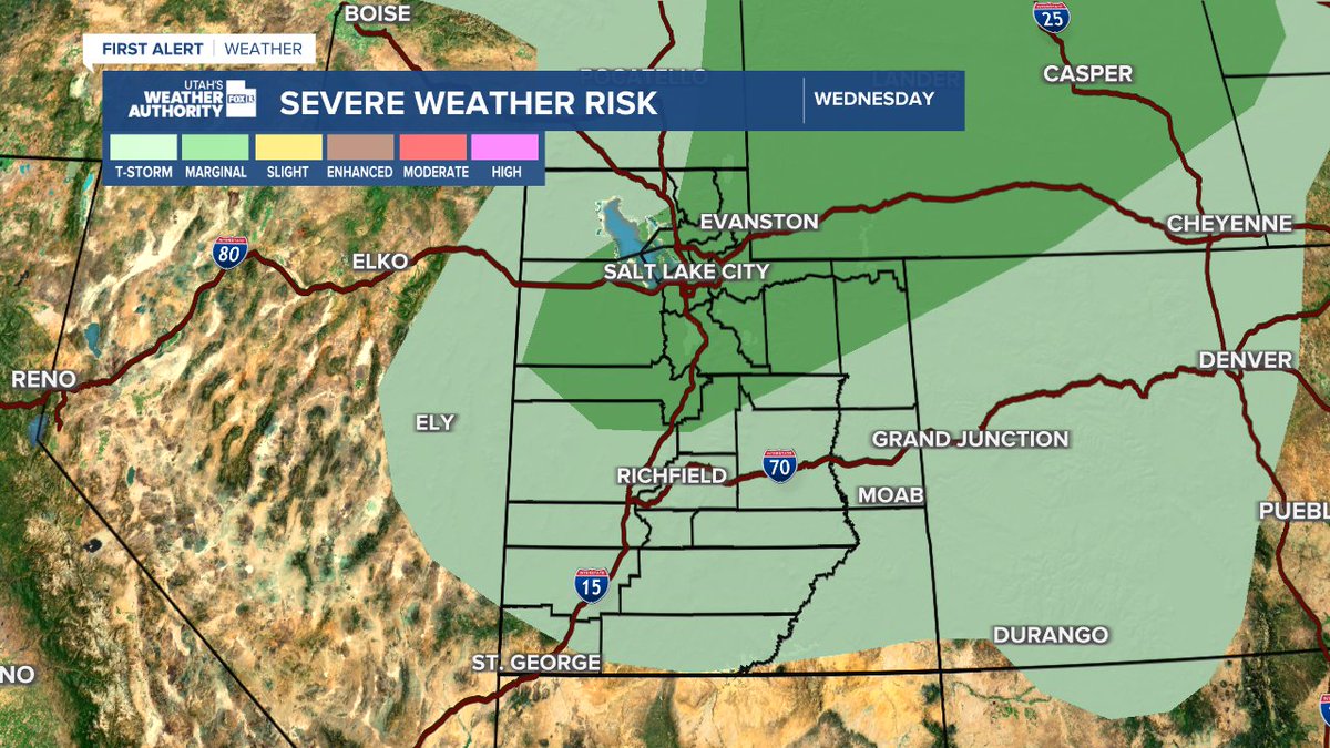 DanPopeWeather's tweet image. Several #storms will have microburst winds of 60 mph or higher and even some hail is possible this afternoon between 4 and 8 PM along the Wasatch Front. 

The area of darker green is the most likely spot for these stronger #thunderstorms. Red Flag #Warnings are in effect for the
