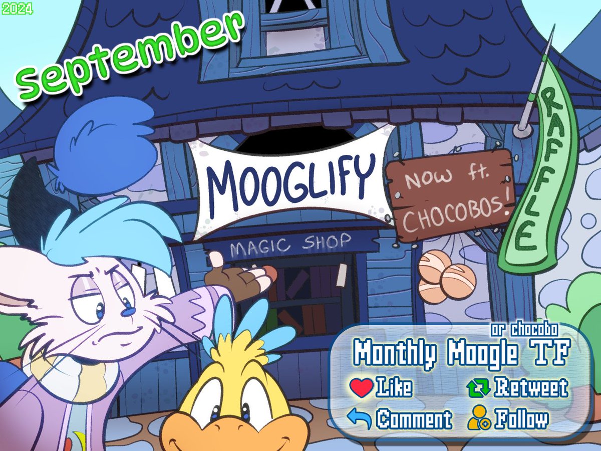 Here we go! Sept. TF Raffle, start!
Hey wait! That bird defaced my shop! That means...

Get a character mid-TF/post-TF into an Ivalice moogle OR a chocobo, courtesy yours truly, kupo!

More detailed rules below!
Done by <a href="/Thetrevorfox/">Starkitty Trevor</a>
Ends Sept 8, 12:00AM CST
(1/2) #TFTuesday