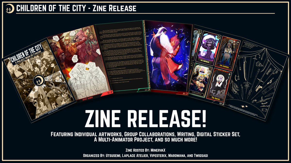 🌙🌕 ZINE RELEASE! 🌕🌙
We are proud to announce the full release of Children of the City: a Project Moon OC Fanzine! 

Featuring Art, Short Stories, Animations and more, you can download everything on our Itch.io! 
pmoczine.itch.io/pmoczine