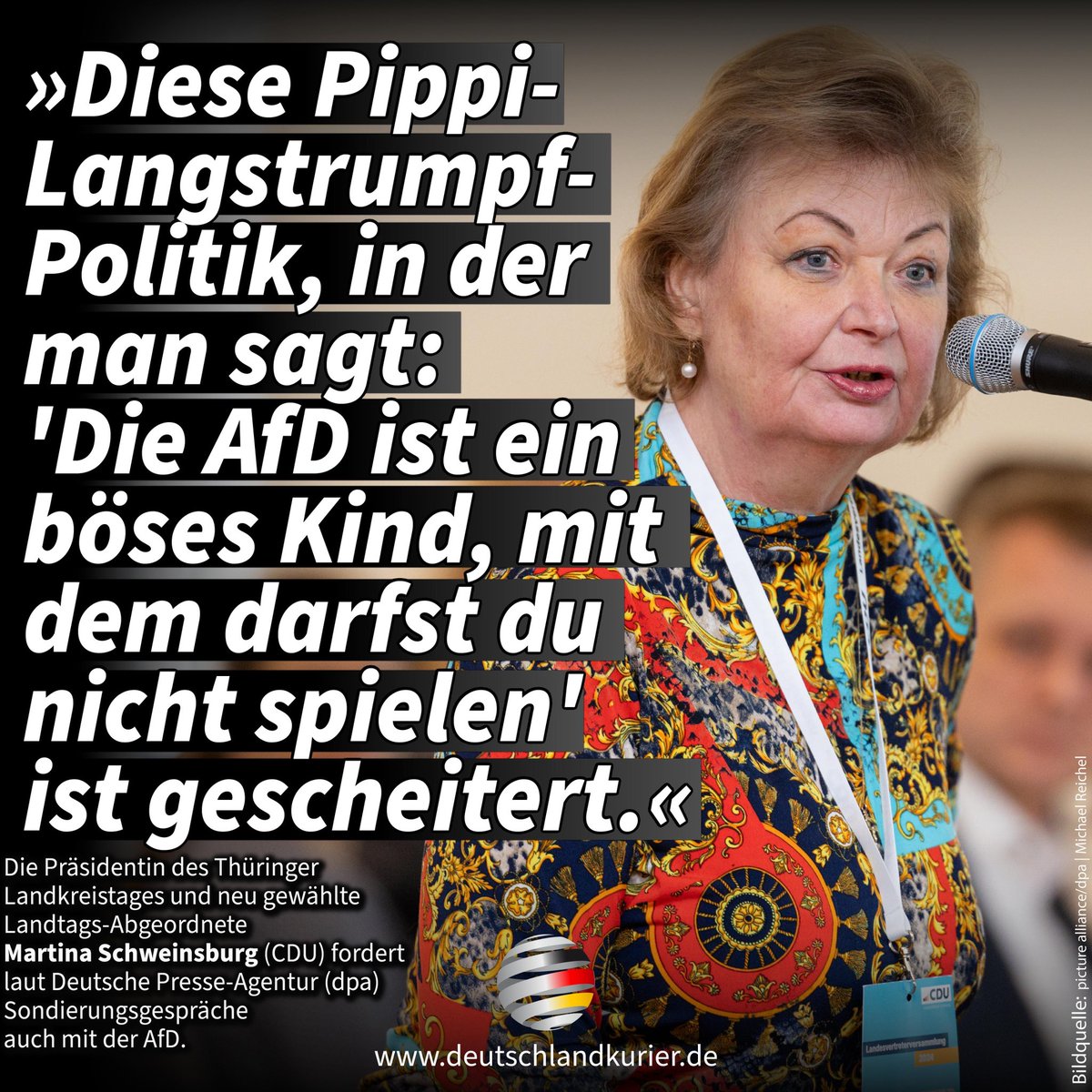 +++ Die Präsidentin des #Thüringer #Landkreistages und neu gewählte Landtags-Abgeordnete Martina Schweinsburg (#CDU) fordert in #Thüringen #Sondierungsgespräche zwischen der CDU und der <a href="/AfD_Thueringen/">AfD Thüringen</a> (<a href="/AfD/">AfD</a> ) +++ 

Wie lautet IHRE Meinung dazu?