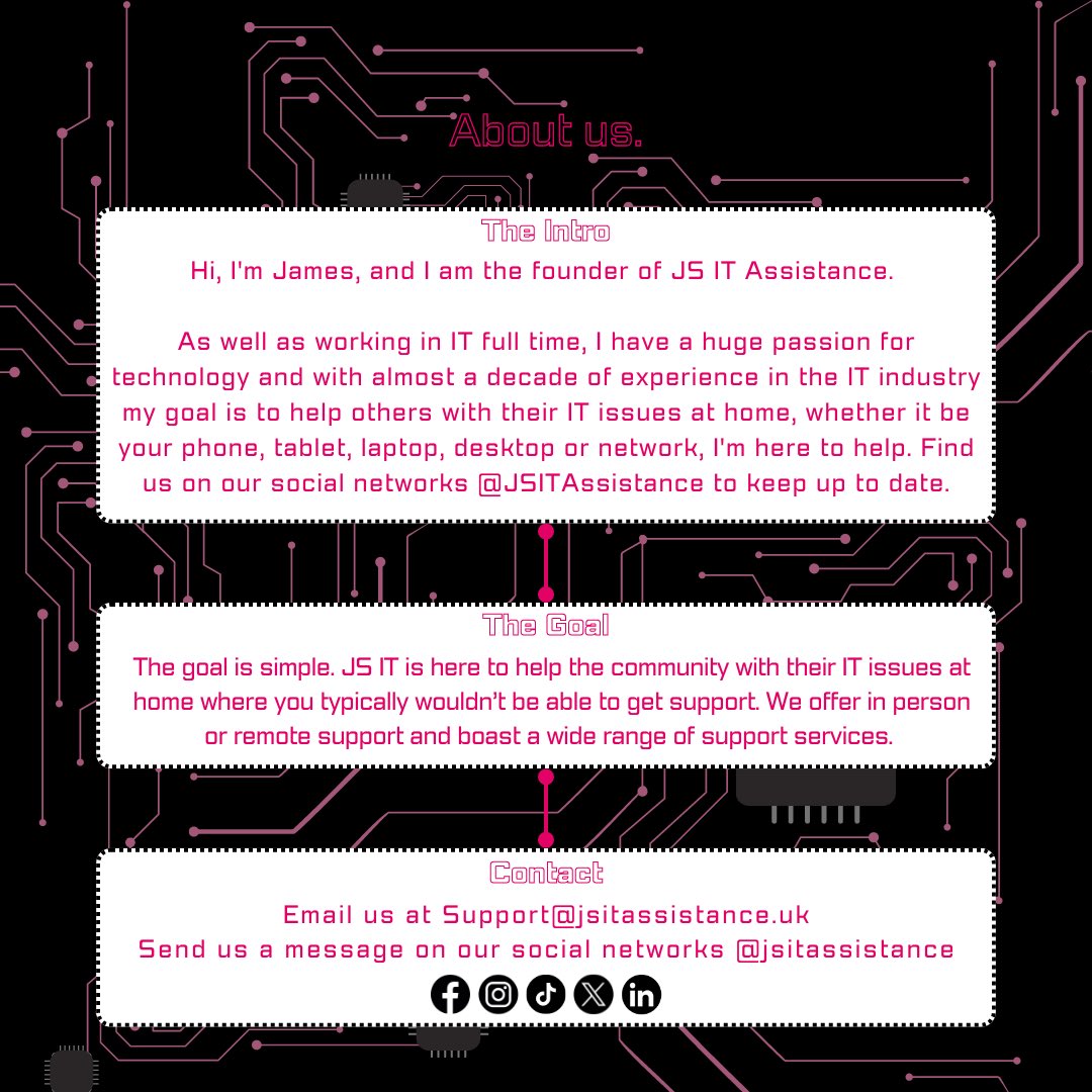 JSITAssistance's tweet image. About Us 📝 Get in touch to find out more #itsupport #itsupportspecialist #itsupportservices #hardware #laptop #computer #windows #mac #microsoft #apple #antivirus #security #protection #updates #training #1-1 #remote #support
