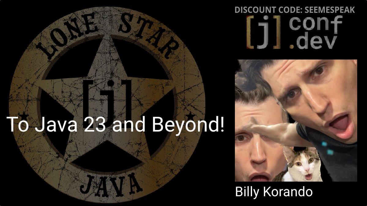 Hey Java Developers, 

Looking forward to <a href="/jconfdev/">jconfdev</a> later this month in Dallas! I'll be presenting "To Java 23 and Beyond!", which will be releasing later this month!

Use the code SEEMESPEAK for a discount, get tickets here: jconf.dev