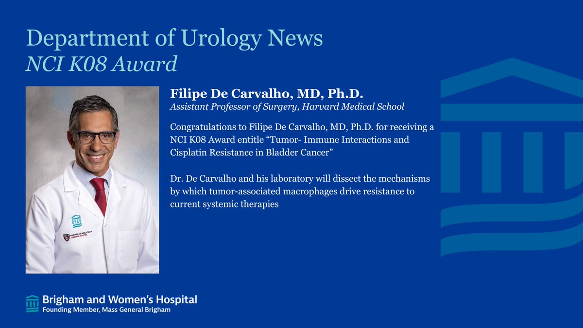 Brigham and Women's Hospital Department of Urology (@bwhurology) on Twitter photo Congratulations to <a href="/CarvalhoFilipeL/">Filipe LF Carvalho</a> for receiving the NCI K08 Award for “Tumor-Immune Interactions and Cisplatin Resistance in Bladder Cancer”
For more information, please visit his lab site below:
🔗carvalho.bwh.harvard.edu Congratulations to <a href="/CarvalhoFilipeL/">Filipe LF Carvalho</a> for receiving the NCI K08 Award for “Tumor-Immune Interactions and Cisplatin Resistance in Bladder Cancer”
For more information, please visit his lab site below:
🔗carvalho.bwh.harvard.edu