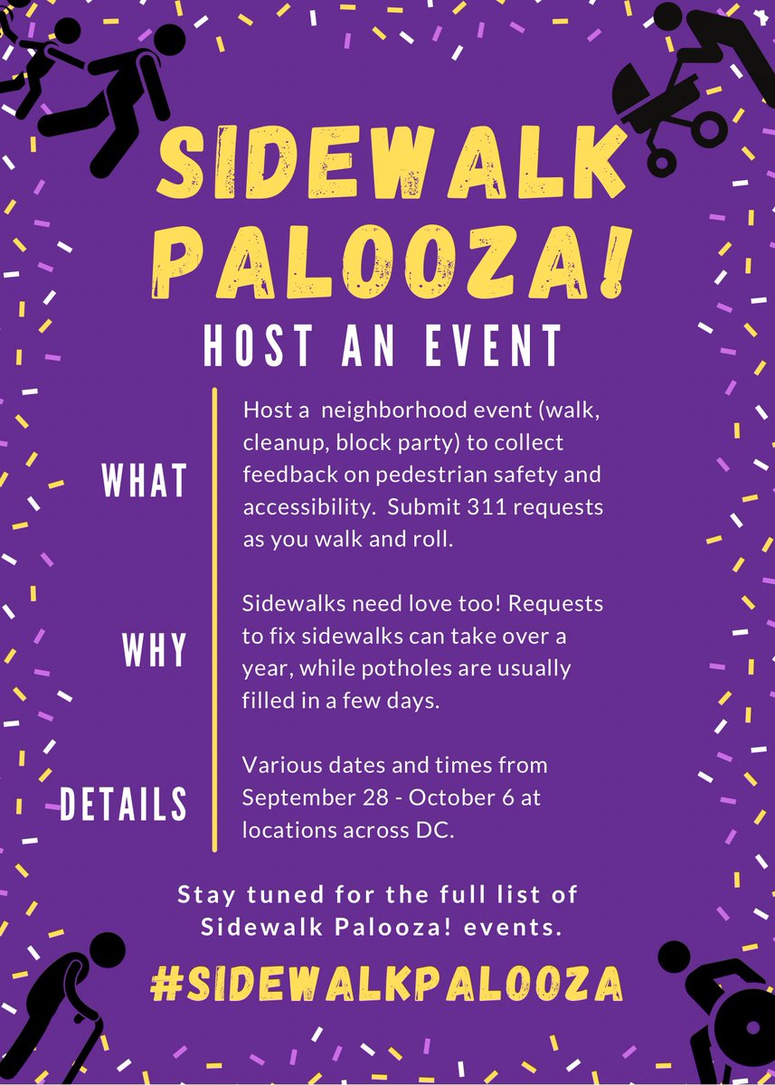 It’s time for #SidewalkPalooza, and we want YOU to host an event. Schedule a walk, cleanup, or other event to submit 311 requests and collect feedback on pedestrian safety &amp; accessibility. Email event coordinators like me with event details; we’ll support you along the way.