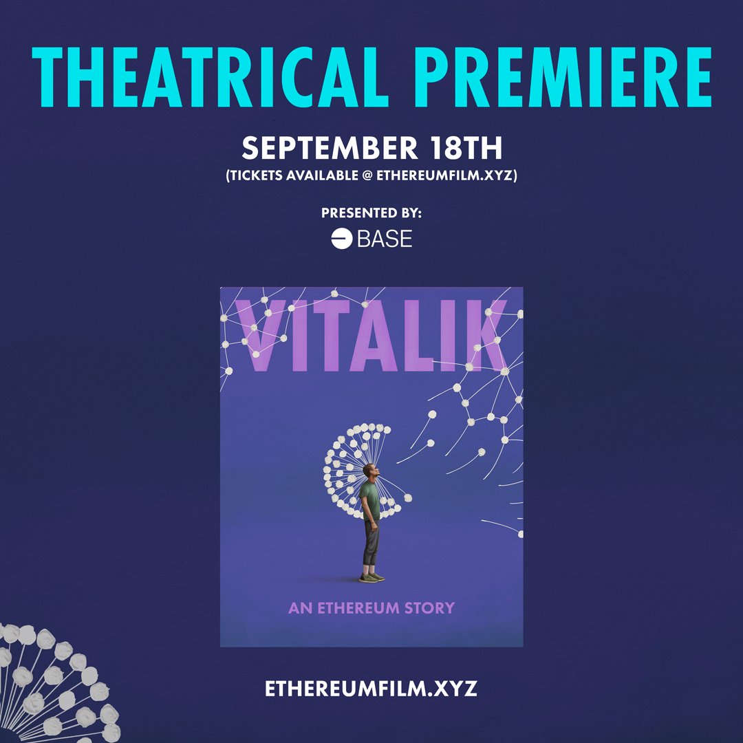 Join us for the theatrical premiere of “Vitalik: An Ethereum Story” on Sept  18th—in theaters around the globe for one day only! Tickets must be  purchased before Sept 4th for some theaters: