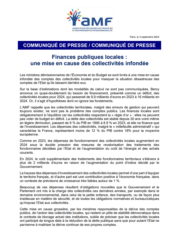 🔴[COMMUNIQUE DE PRESSE]
Finances publiques locales : une mise en cause des collectivités infondée 
Cette mise en cause grossière, par les ministres responsables de la dérive des comptes publics, de l’action des collectivités locales, qui restent un pôle de stabilité démocratique