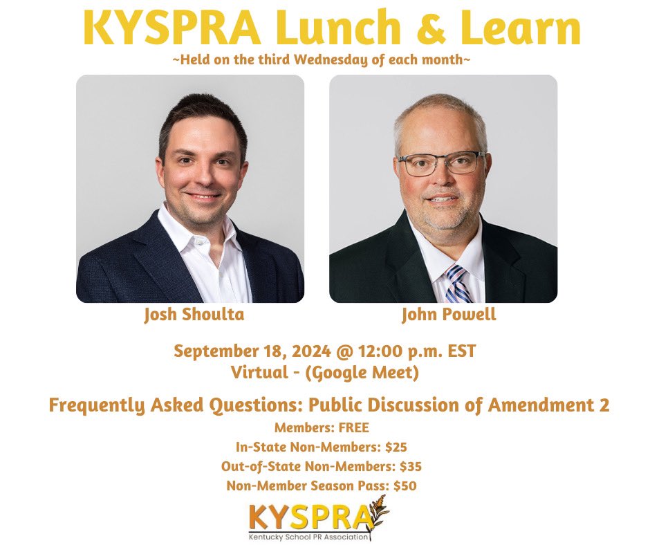 🆕: Join us for our September 2024 KYSPRA Lunch &amp; Learn on Wednesday, Sept. 18 at 12:00 PM EST with two speakers from <a href="/ksbanews/">Kentucky School Boards Association (KSBA)</a>! We hope you’ll take advantage of this PD opportunity – FREE with your KYSPRA membership! <a href="/joshshoulta/">Josh Shoulta</a> 

REGISTRATION: forms.gle/X9GSVBuoSy7uLh…