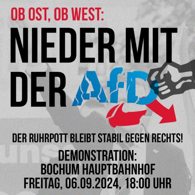 Am Freitag alle auf die Straße!
85 Jahre nach dem Überfall der Wehrmacht auf Polen 
werden die #AfD-Faschisten in Thüringen zum ersten Mal stärkste Kraft in einem Bundesland.
Ob Ost, ob West: Der Pott schickt euch viel Kraft und bleibt stabil gegen Rechts!
antifabochum.noblogs.org/2024/09/ob-ost…