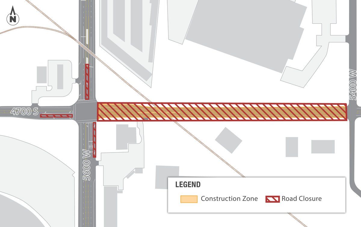 Beginning today, 4700 South will close between 5400 West and 5600 West for up to 30 days as crews complete work surrounding the railroad. 🚧

Drivers can use 5400 South and 4100 South as alternate routes; local businesses will be accessible during the work.