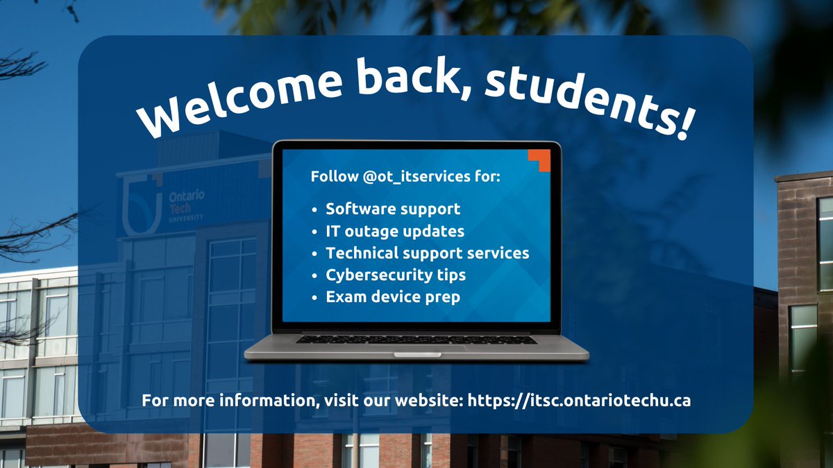 OT_ITServices's tweet image. Welcome back to #OntarioTech! 🎉 Kick off the 2024-2025 school year by following @OT_ITServices to get updates on #softwaresupport, IT outages, #cybersecurity tips, exam device prep and much more! Visit the link in our bio to learn more! #students #ITSC #tech