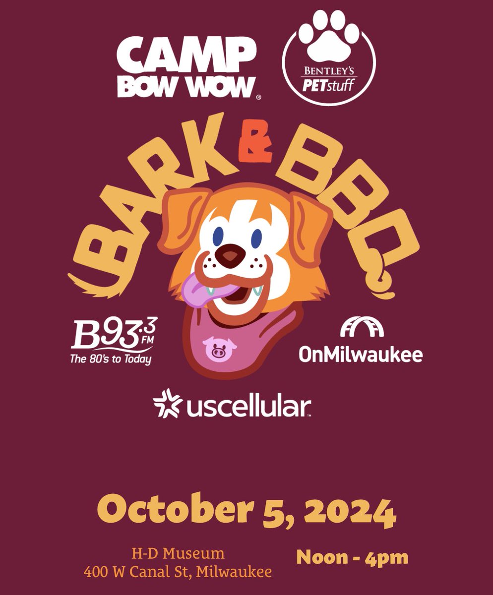B93.3 &amp; OnMilwaukee are excited to announce the second annual Bark &amp; BBQ - presented by Bentley’s Pet Stuff &amp; Camp Bow Wow - on Saturday, October 5th at The Harley Davidson Museum Campus from 12pm-4pm

Visit milwaukeebarkandbbq.com for more info!