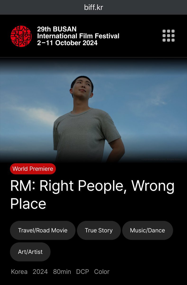 PLANET_FB's tweet photo. O documentário de RM "Right People, Wrong Place" terá estreia mundial no 29º Festival Internacional de Cinema de Busan, de 2 a 11 de outubro de 2024.

📌 Tempo de duração: 80 minutos

(https://t.co/FY6MXH65ng…)

-🌷 @BTS_twt ©_BTSMoments_ https://t.co/R3rwEgi7YB