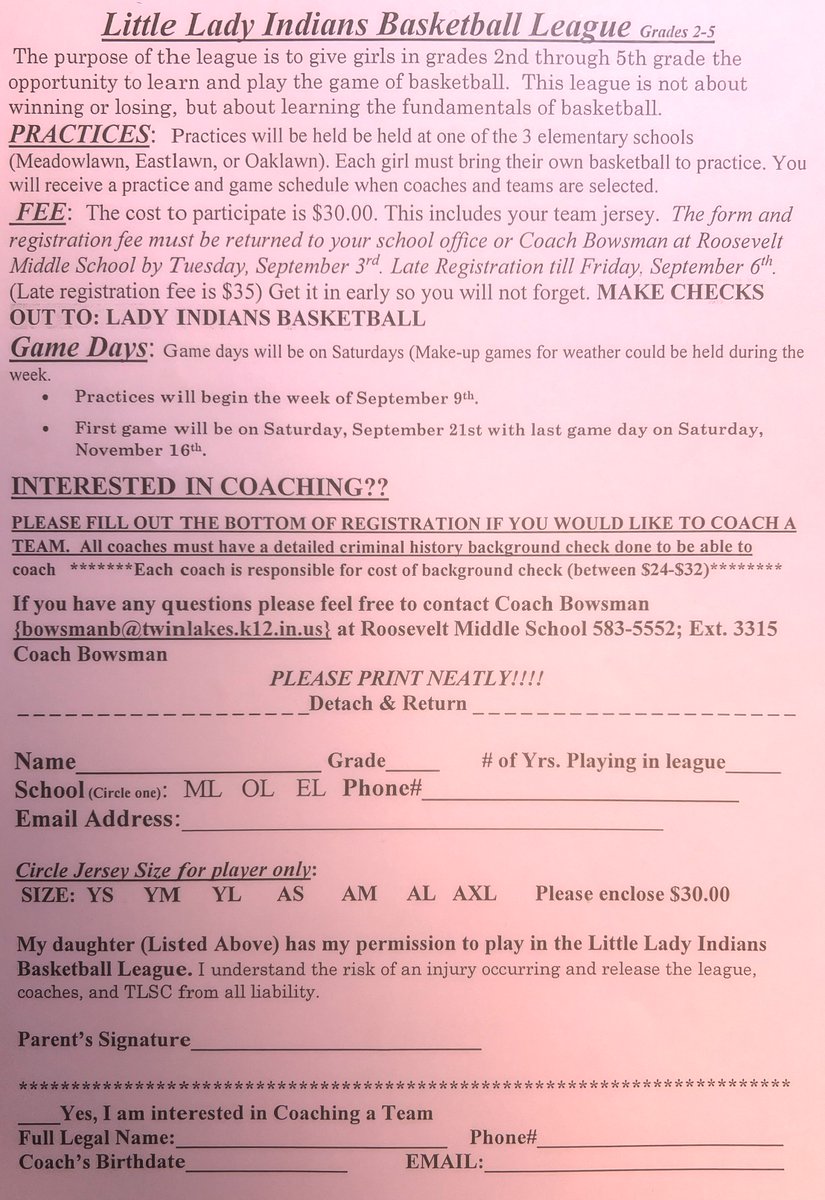 There is still time to get your daughter signed up to play in the TL Lady Indians Elementary basketball league. Registrations are being accepted till this Friday, Sept. 6th. Also, due to some conflicts, practices and games are being pushed back by 1 week (9/16 &amp; 9/28)