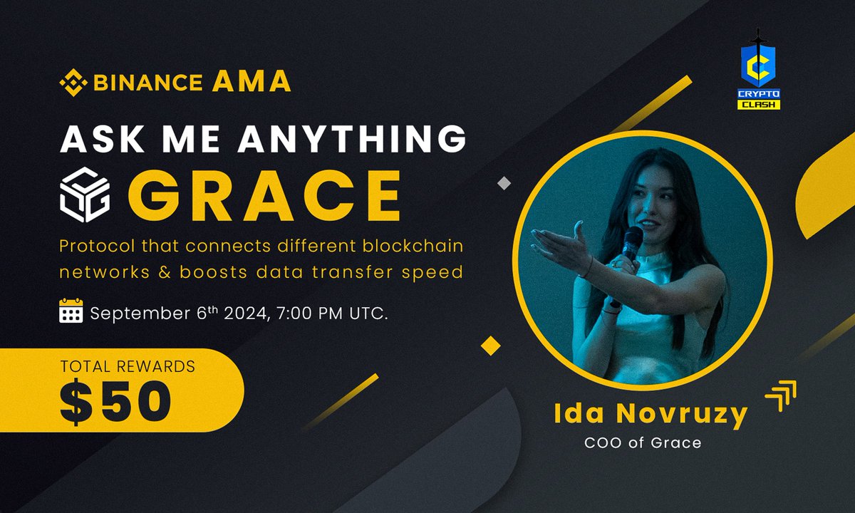 Crypto Clash (@cryptoclash1) on Twitter photo 🎙Don't miss out on the opportunity to join us for a #BinanceLiveAMA with Grace.
◾️A revolutionary multi-chain connectivity solution.
🕰 6th September, 7 PM UTC
💰 50$ USDT
🗣 Ida Novruzy
🏛 Venue: binance.com/en/live/video?…
📌 Rules:
1️⃣ Follow <a href="/GraceEcosystem/">The Grace 📲🔝</a>
2️⃣ Like & Retweet 🎙Don't miss out on the opportunity to join us for a #BinanceLiveAMA with Grace.
◾️A revolutionary multi-chain connectivity solution.
🕰 6th September, 7 PM UTC
💰 50$ USDT
🗣 Ida Novruzy
🏛 Venue: binance.com/en/live/video?…
📌 Rules:
1️⃣ Follow <a href="/GraceEcosystem/">The Grace 📲🔝</a>
2️⃣ Like & Retweet