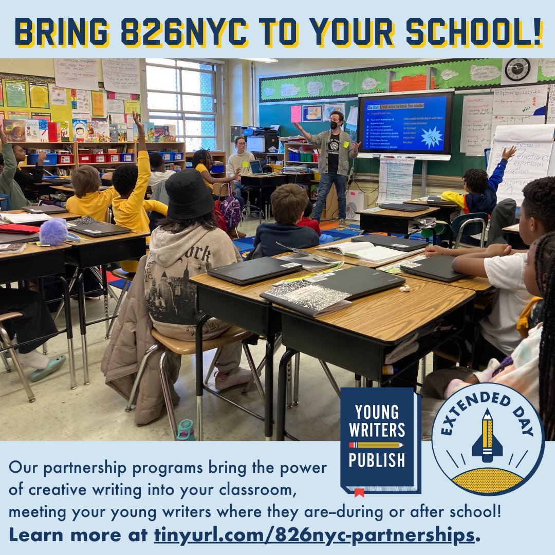 Educators, make 826NYC part of your back-to-school planning! Whether you're looking for a school-day program that transforms your students into published authors, or an after-school option where storytellers thrive, we'll come to you. Learn more: tinyurl.com/826nyc-partner…