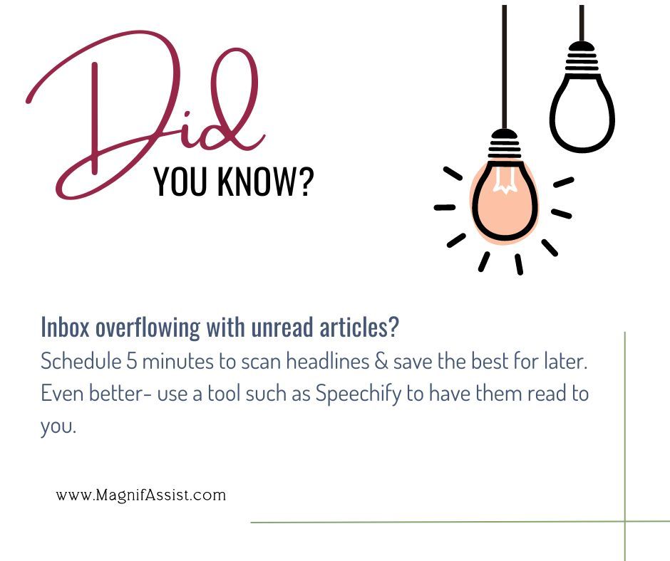 ChristinaN_Biz's tweet image. 📧 &quot;Inbox overflowing with unread articles? Schedule 5 minutes to scan headlines &amp;amp; save the best for later. Even better- use a tool such as Speechify to have them read to you.&quot; 

Enhance your productivity with our services. #Productivity #ExecutiveAssistance #VirtualSupport