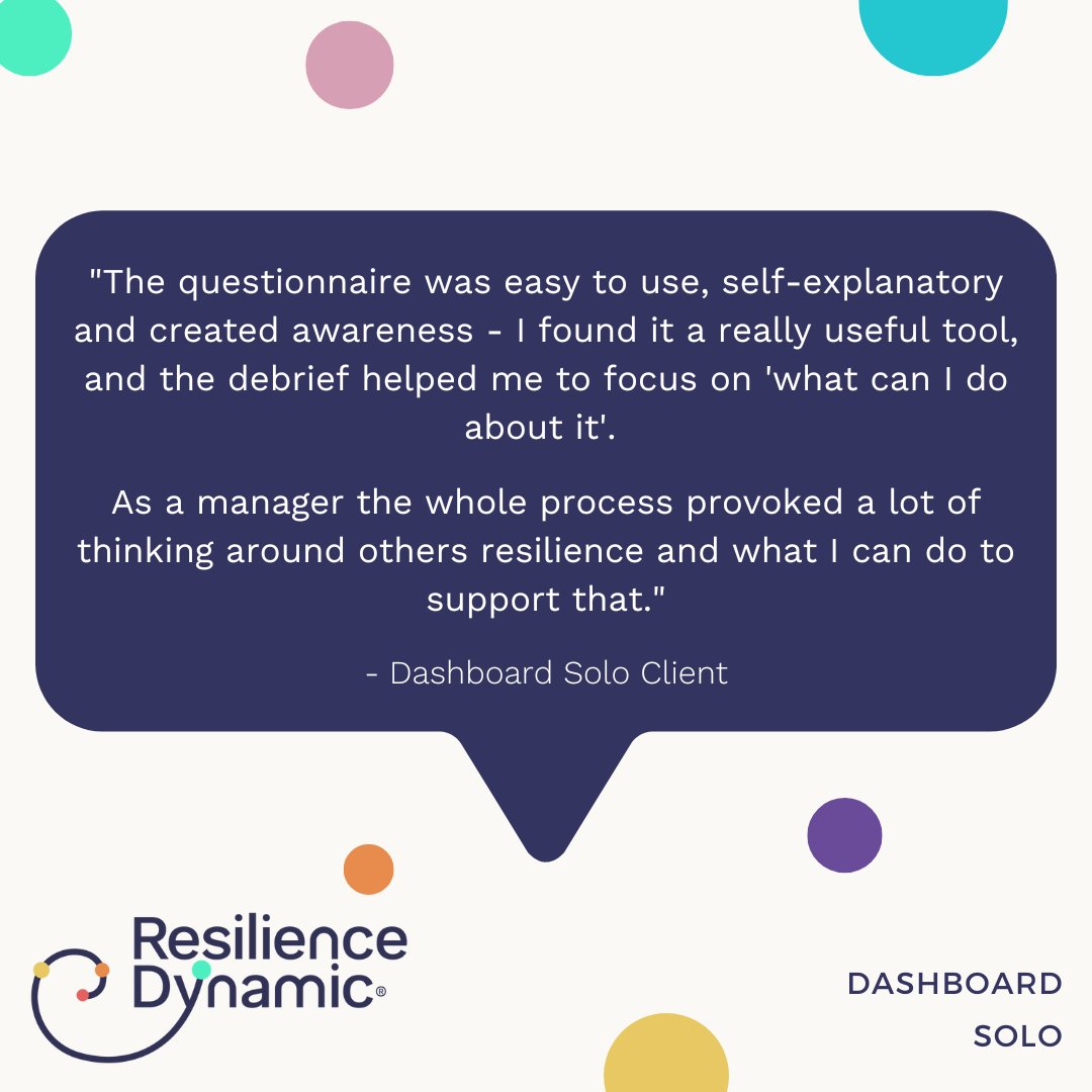 Resilience Dynamic (@resiliencengine) on Twitter photo Why do our clients choose Dashboard Solo?
Following the self-assessment:
⚡You receive a personalised report with recommendations for your resilience level
⚡Your Accredited Coach debriefs your report in a 1-1 session
Get in touch to give it a go: info@resilienceengine.com Why do our clients choose Dashboard Solo?
Following the self-assessment:
⚡You receive a personalised report with recommendations for your resilience level
⚡Your Accredited Coach debriefs your report in a 1-1 session
Get in touch to give it a go: info@resilienceengine.com