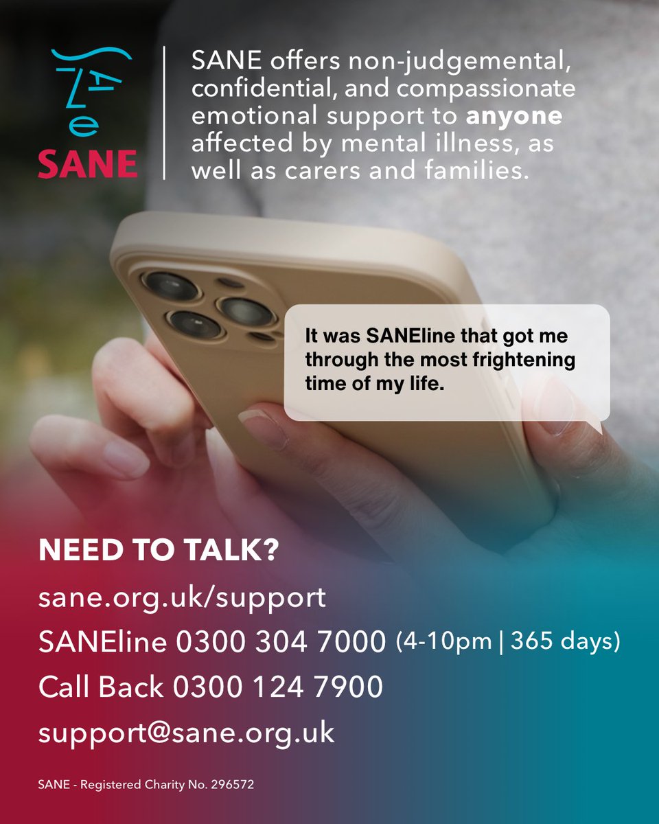 At SANE we offer non-judgemental, confidential, and compassionate emotional support to anyone affected by mental illness, as well as carers and families.

Share this with someone who might need it❤️

#MentalHealthSupport #MentalHealth #MentalHealthAwareness #MentalHealthMatters