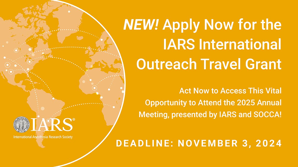 IARS360 (@iars360) on Twitter photo Travel grants are available for abstract presenters to attend the 2025 Annual Meeting, presented by IARS & SOCCA, March 20-23, in Hawaii. The IARS International Outreach Travel Grant supports scientists globally. Apply by 11/3/24! #IARS25 <a href="/IARS_Journals/">Anesthesia&Analgesia</a> ow.ly/g2Bx50TabVq Travel grants are available for abstract presenters to attend the 2025 Annual Meeting, presented by IARS & SOCCA, March 20-23, in Hawaii. The IARS International Outreach Travel Grant supports scientists globally. Apply by 11/3/24! #IARS25 <a href="/IARS_Journals/">Anesthesia&Analgesia</a> ow.ly/g2Bx50TabVq