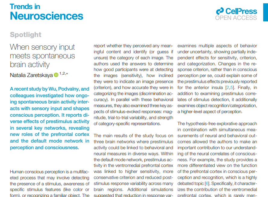 Trends in Neurosciences (@trendsneuro) on Twitter photo 'When sensory input meets spontaneous brain activity'
<a href="/TrendsNeuro/">Trends in Neurosciences</a> Spotlight by Natalia Zaretskaya
cell.com/trends/neurosc…
discussing Wu, Podvalny, et al. 2024 <a href="/NatureComms/">Nature Communications</a>, <a href="/BiyuHe/">Biyu Jade He</a> group
nature.com/articles/s4146… 'When sensory input meets spontaneous brain activity'
<a href="/TrendsNeuro/">Trends in Neurosciences</a> Spotlight by Natalia Zaretskaya
cell.com/trends/neurosc…
discussing Wu, Podvalny, et al. 2024 <a href="/NatureComms/">Nature Communications</a>, <a href="/BiyuHe/">Biyu Jade He</a> group
nature.com/articles/s4146…