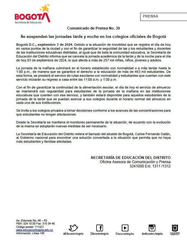 IsabelSegoviaO's tweet photo. Desde @Educacionbogota tomamos la decisión de suspender las jornadas académicas de la tarde y noche de hoy para garantizar la seguridad de l@s estudiantes. La jornada de la mañana culminará con normalidad.

Sabemos de la importancia del complemento alimentario del #PAE de nuestr@s estudiantes, por eso en las instituciones educativas dispondremos el almuerzo para niñas, niños y jóvenes de la jornada tarde que puedan acercarse a los colegios.

Mantendremos monitoreo de la situación de transporte en la ciudad para tomar nuevas medidas en caso de que se requieran.