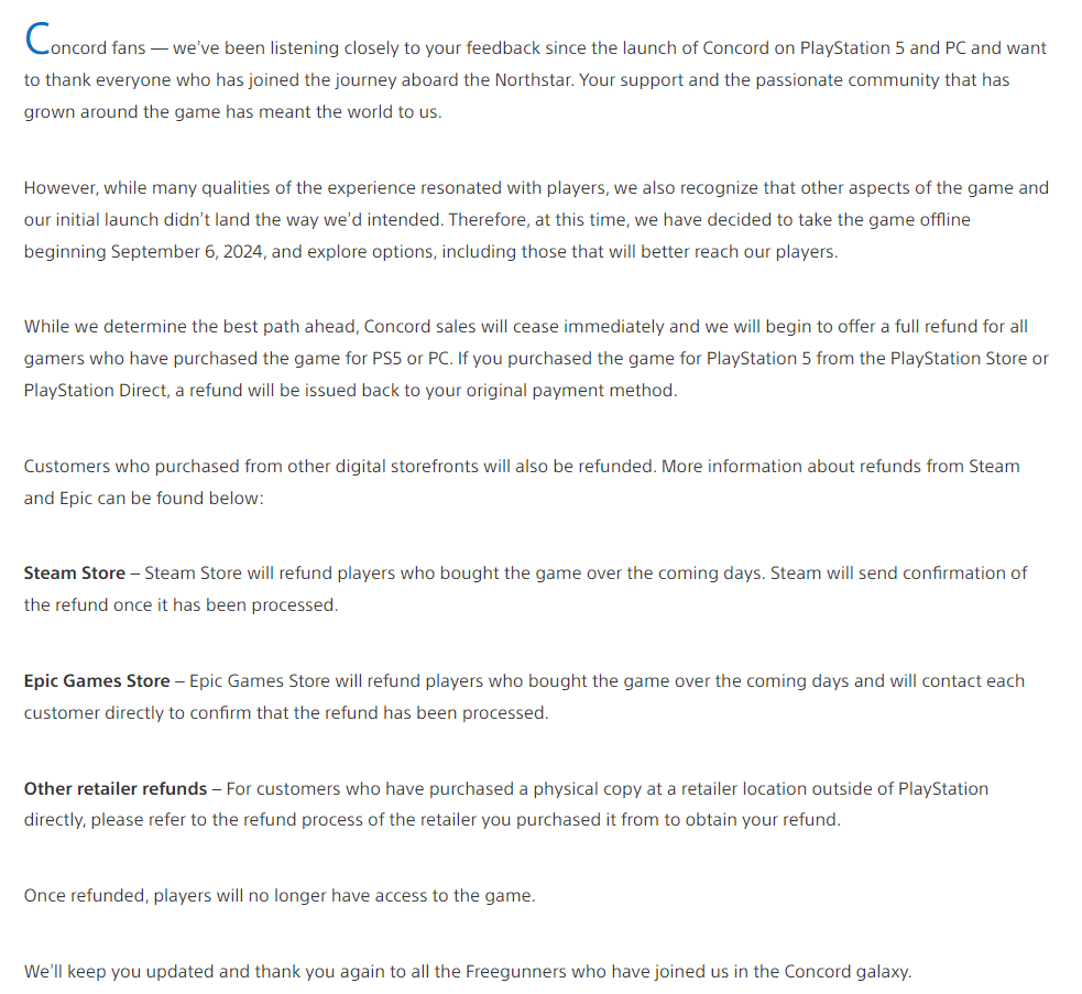 Es oficial.

Concord cerrará servidores dentro de 3 días, lo eliminan de la venta y devolverán el dinero a aquellos que lo compraron.

8 años de desarrollo. Duró 12 días.💀