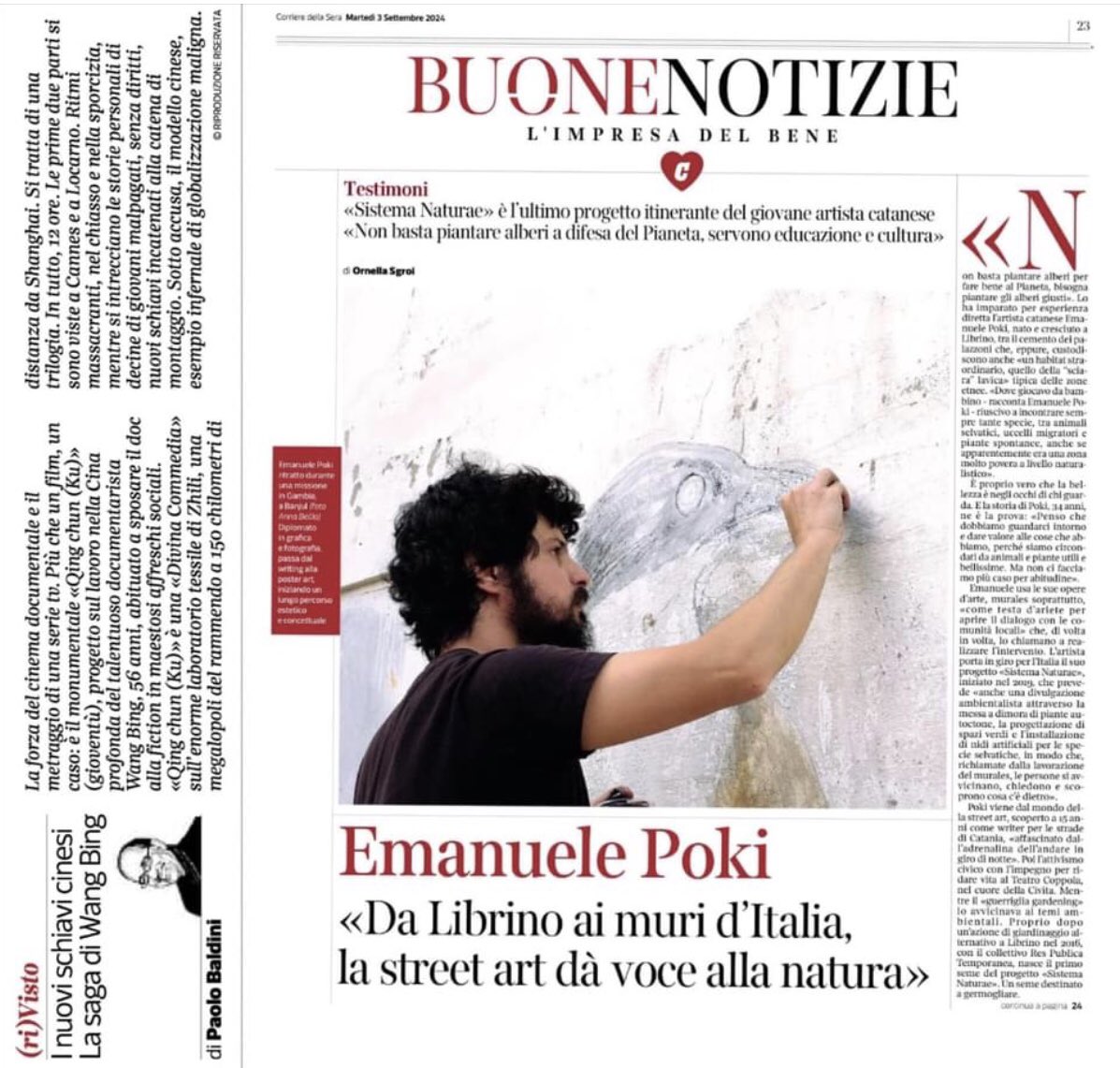 <a href="/CorriereBN/">CorriereBuoneNotizie</a> <a href="/EliSoglio/">Elisabetta Soglio</a>  <a href="/Corriere/">Corriere della Sera</a>  <a href="/pabaldini/">Paolo Baldini</a> #MarilynMagazine cinema sociale #QingChunKu di #WangBing 2024 12 ore di film proposto in 3 parti a Cannes Locarno Venezia In copertina #EmanuelePoki “Da Librino ai muri d’Italia, la Street Art dà voce alla natura” di <a href="/OrnellaSgroi/">Ornella Sgroi</a>