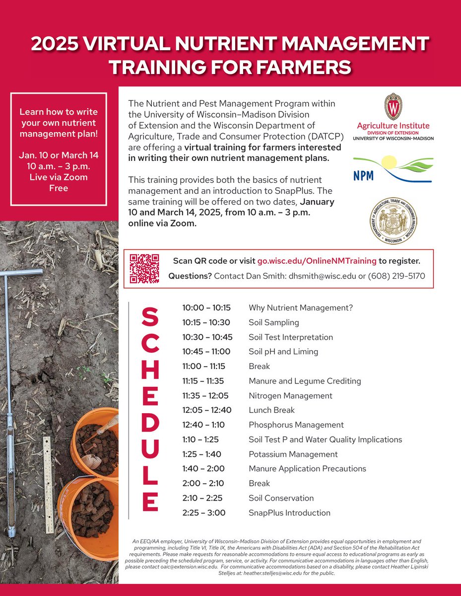 Want to learn how to write your own nutrient management plan? Join us for the 2025 Virtual Nutrient Management Trainings for Farmers where we discuss all things related to nutrient management planning.

Register here: go.wisc.edu/OnlineNMTraini…