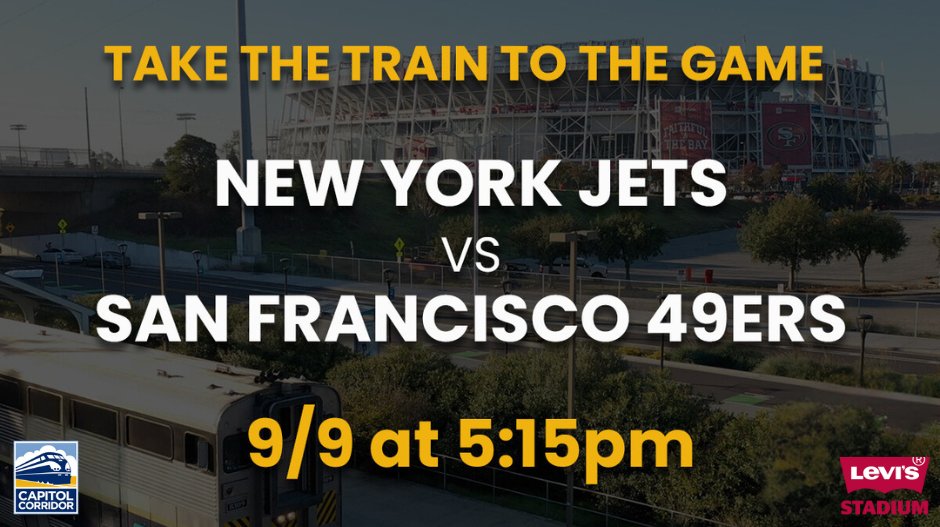 ❤️💛🏈 Take Capitol Corridor to the New York Jets vs San Francisco 49ers game at Levi’s® Stadium on 9/9! We’re offering an adjusted train schedule so you can get to and from the game! capitolcorridor.org/49ers-service/

#sanfrancisco49ers #capitolcorridor