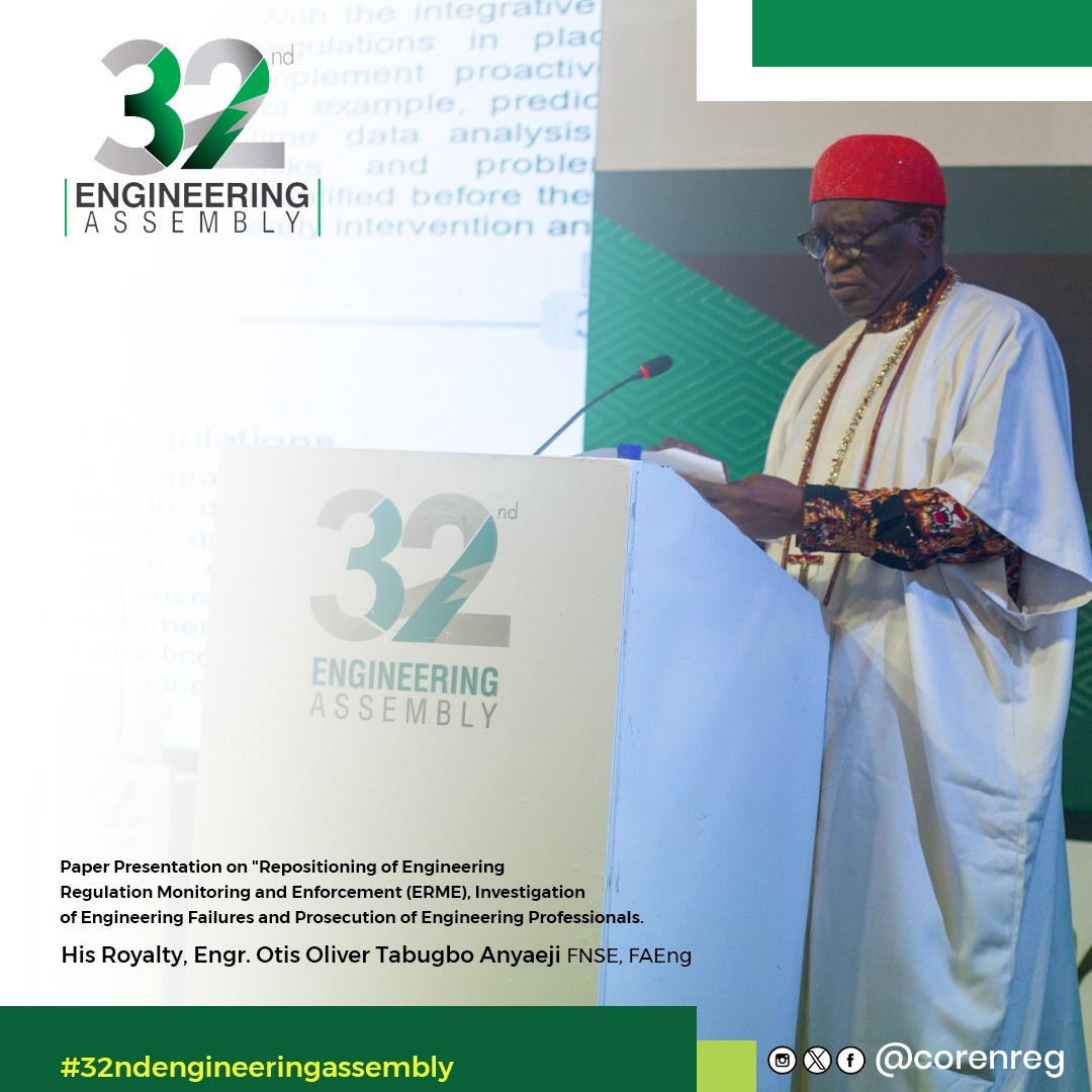 corenreg's tweet photo. Repositioning of Engineering Regulation Monitoring and Enforcement (ERME), Investigation of Engineering Failures & Prosecution of Engineering Professionals by His Royalty, Engr. Otis Oliver Tabugbo Anyaeji FNSE, FAEng
#32ndengineeringassembly #COREN2024 #EngineeringLeadership https://t.co/HnaykCYZT9