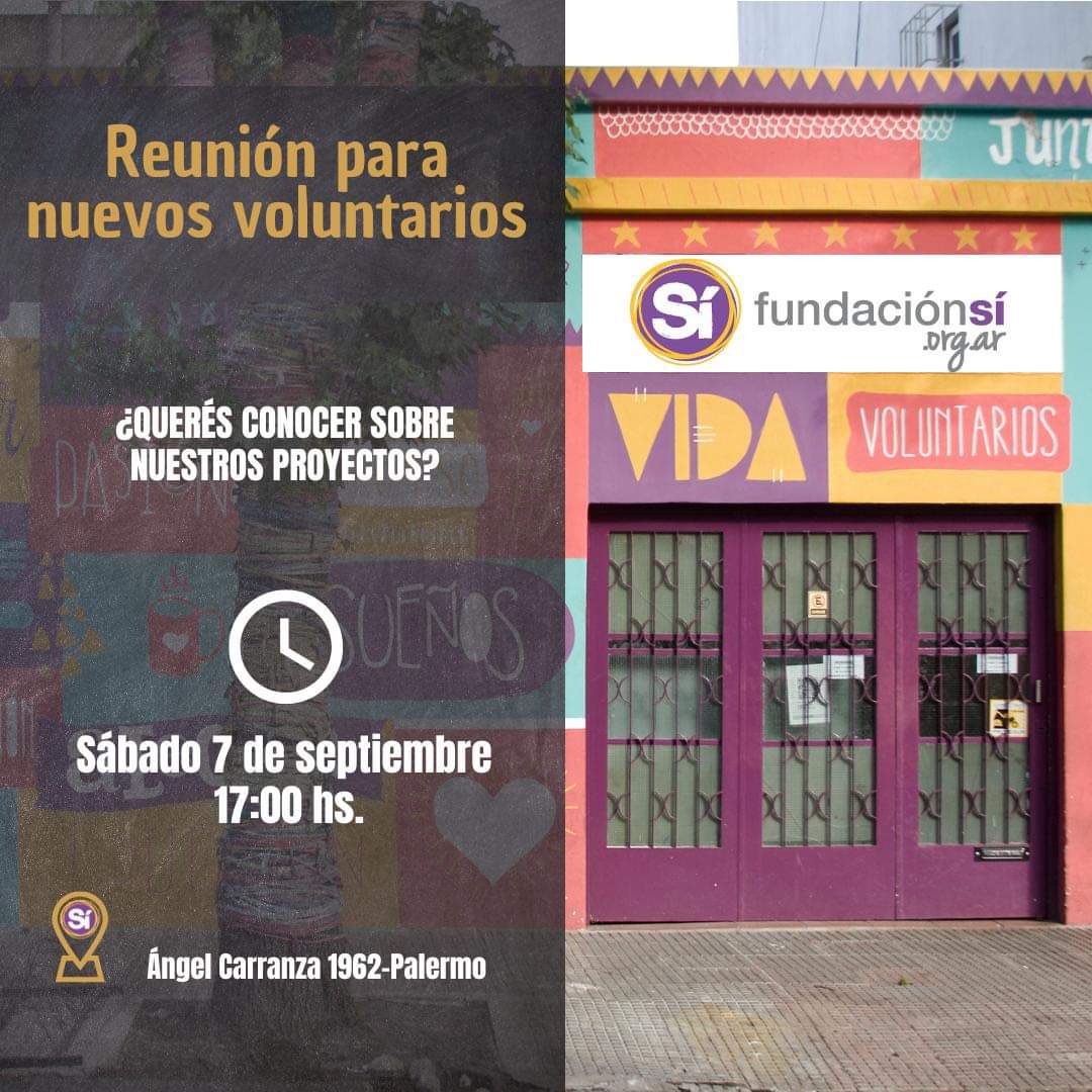 Si te interesa conocer nuestros proyectos ¡atenti!👇

El próximo sábado 7 de septiembre te esperamos en Carranza 1962 (Palermo) para contarte cómo sumarte a nuestros voluntariados💜💛.

Acercate a las 17 hs., informate ¡y formá parte del equipo de Fundación Sí😉!